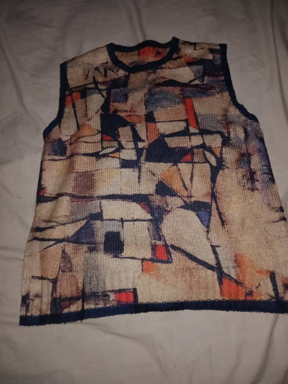 Sleeveless V-Neck Knit Sweater Vest in Beige Multi